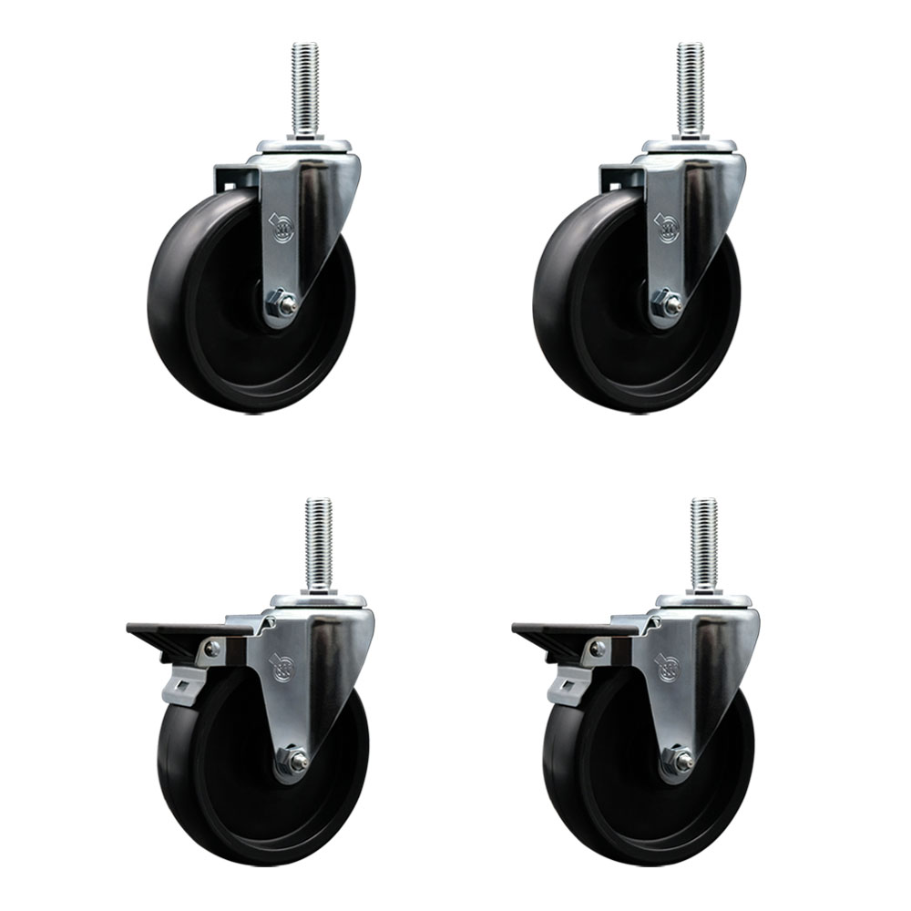Polyolefin Swivel Threaded Stem Caster Wheels Set of 4 with 5 Inch Black Wheels and 3/4" Stems - Includes 2 with Posi Lock Brakes - 1400 lbs. Total Capacity - Service Caster Brand — photo 1