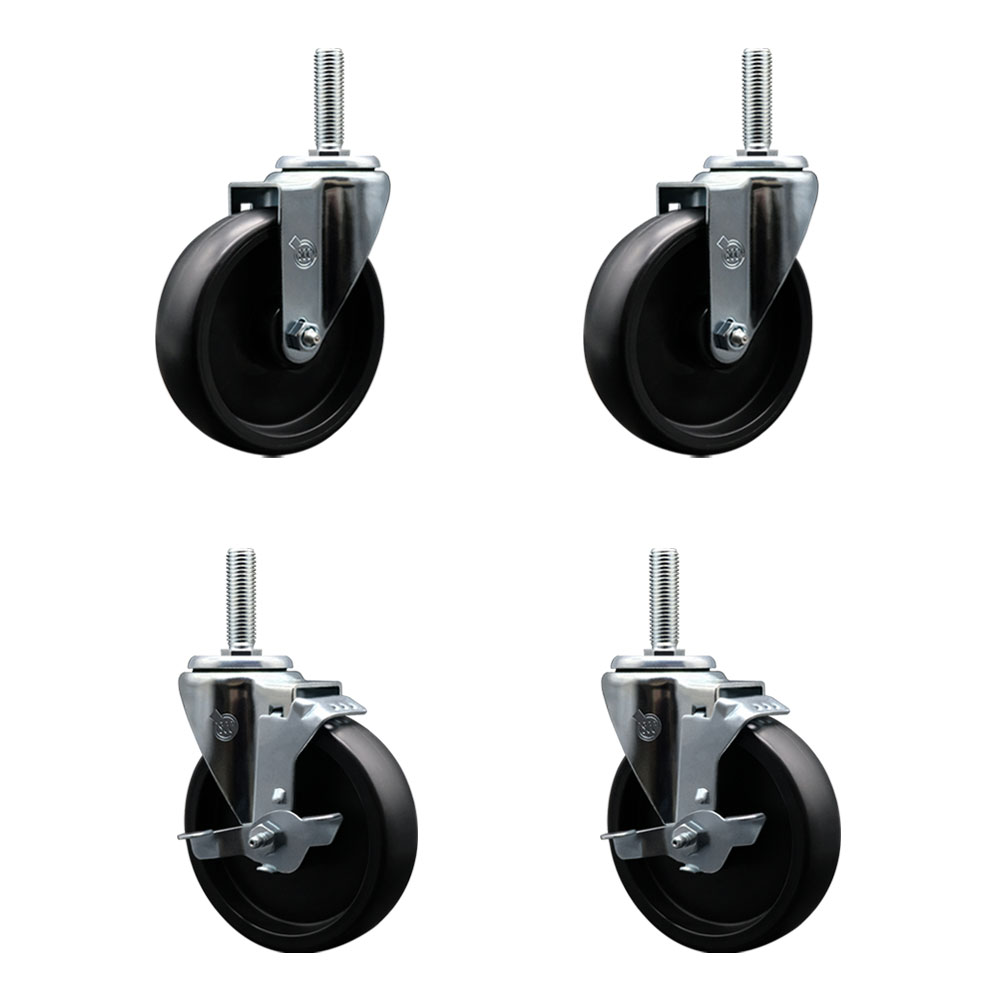 Polyolefin Swivel Threaded Stem Caster Wheels Set of 4 with 5 Inch Black Wheels and 3/4" Stems - Includes 2 with Top Lock Brakes - 1400 lbs. Total Capacity - Service Caster Brand — photo 1