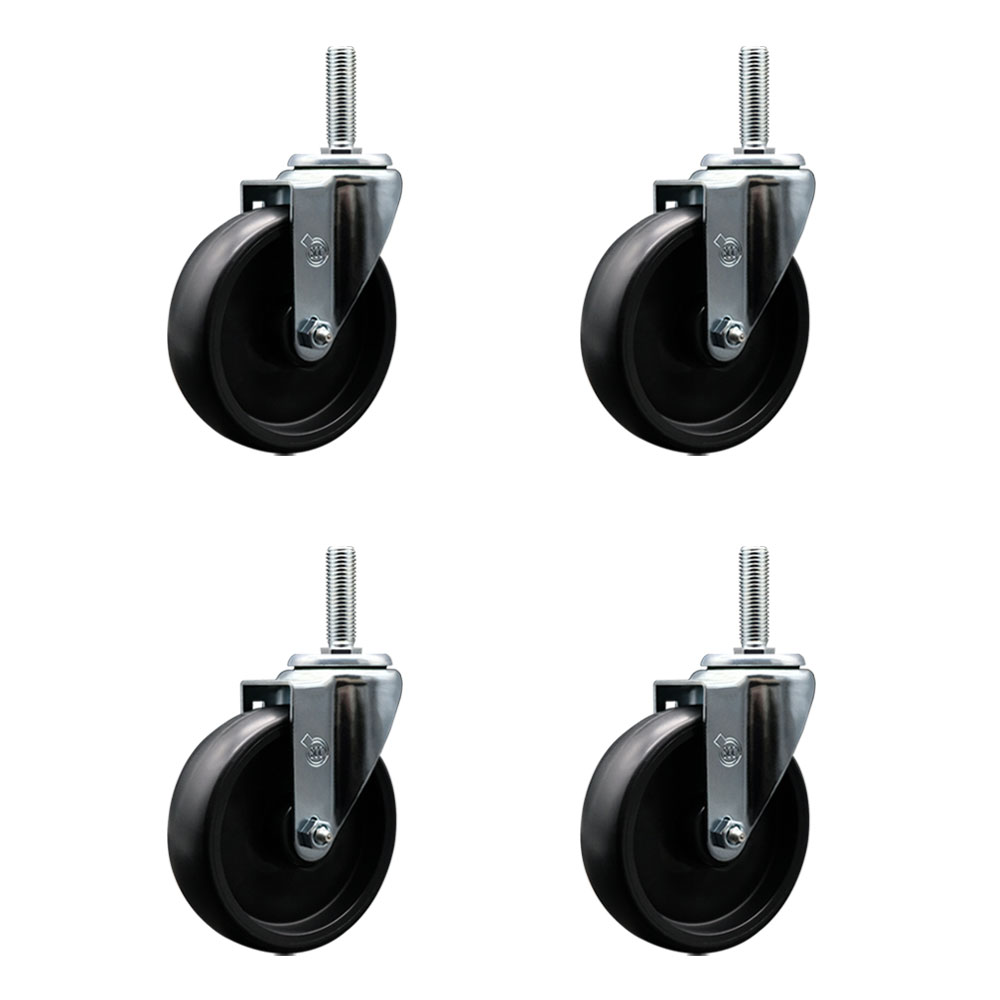 Polyolefin Swivel Threaded Stem Caster Wheels Set of 4 with 5 Inch Black Wheels and 3/4" Stems - Includes 4 Swivel - 1400 lbs. Total Capacity - Service Caster Brand — photo 1