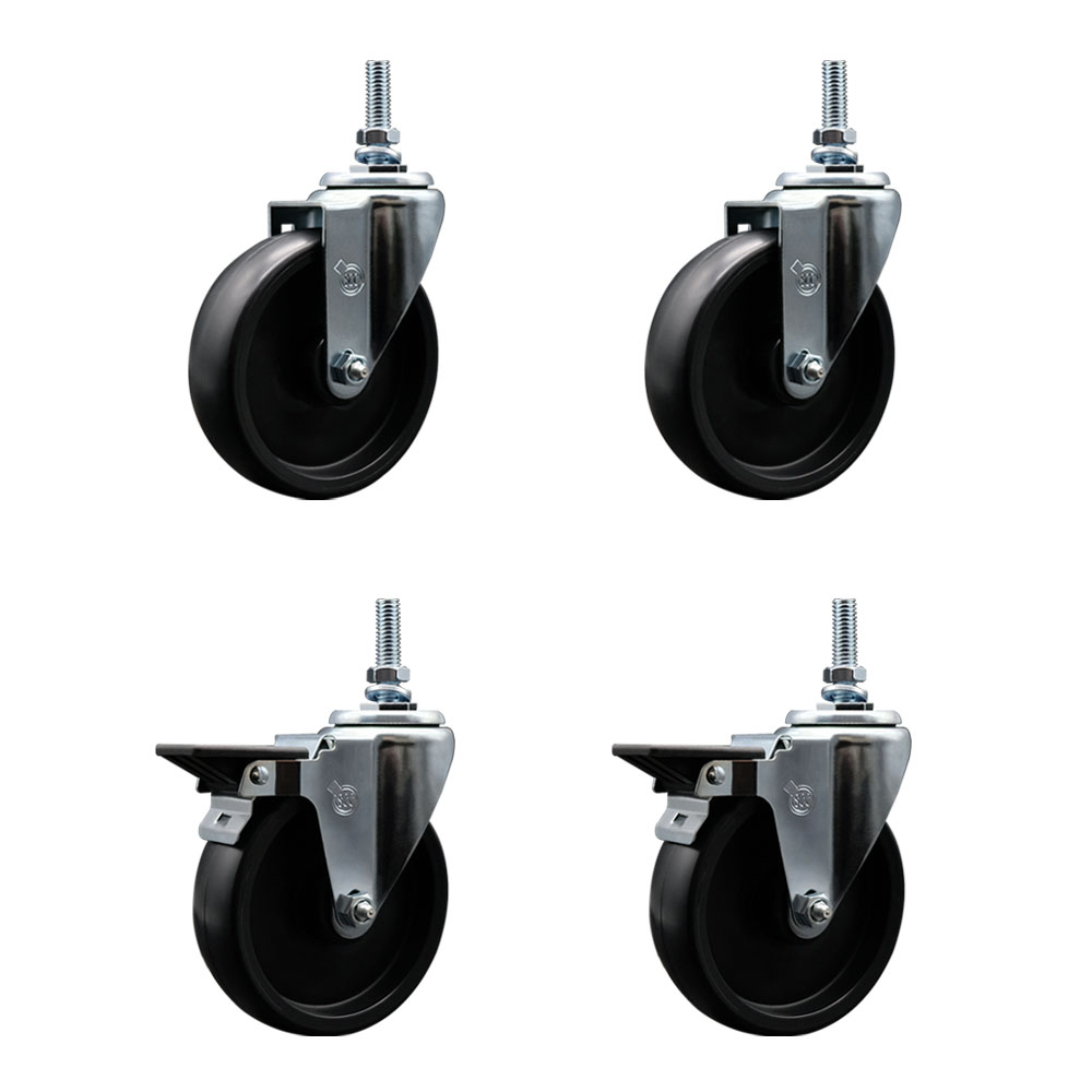 Polyolefin Swivel Threaded Stem Caster Wheels Set of 4 with 5 Inch Black Wheels and 3/8" Stems - Includes 2 with Posi Lock Brakes - 1400 lbs. Total Capacity - Service Caster Brand — photo 1