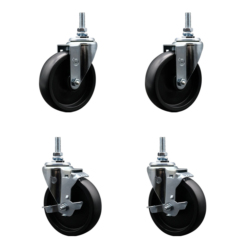 Polyolefin Swivel Threaded Stem Caster Wheels Set of 4 with 5 Inch Black Wheels and 3/8" Stems - Includes 2 with Top Lock Brakes - 1400 lbs. Total Capacity - Service Caster Brand — photo 1