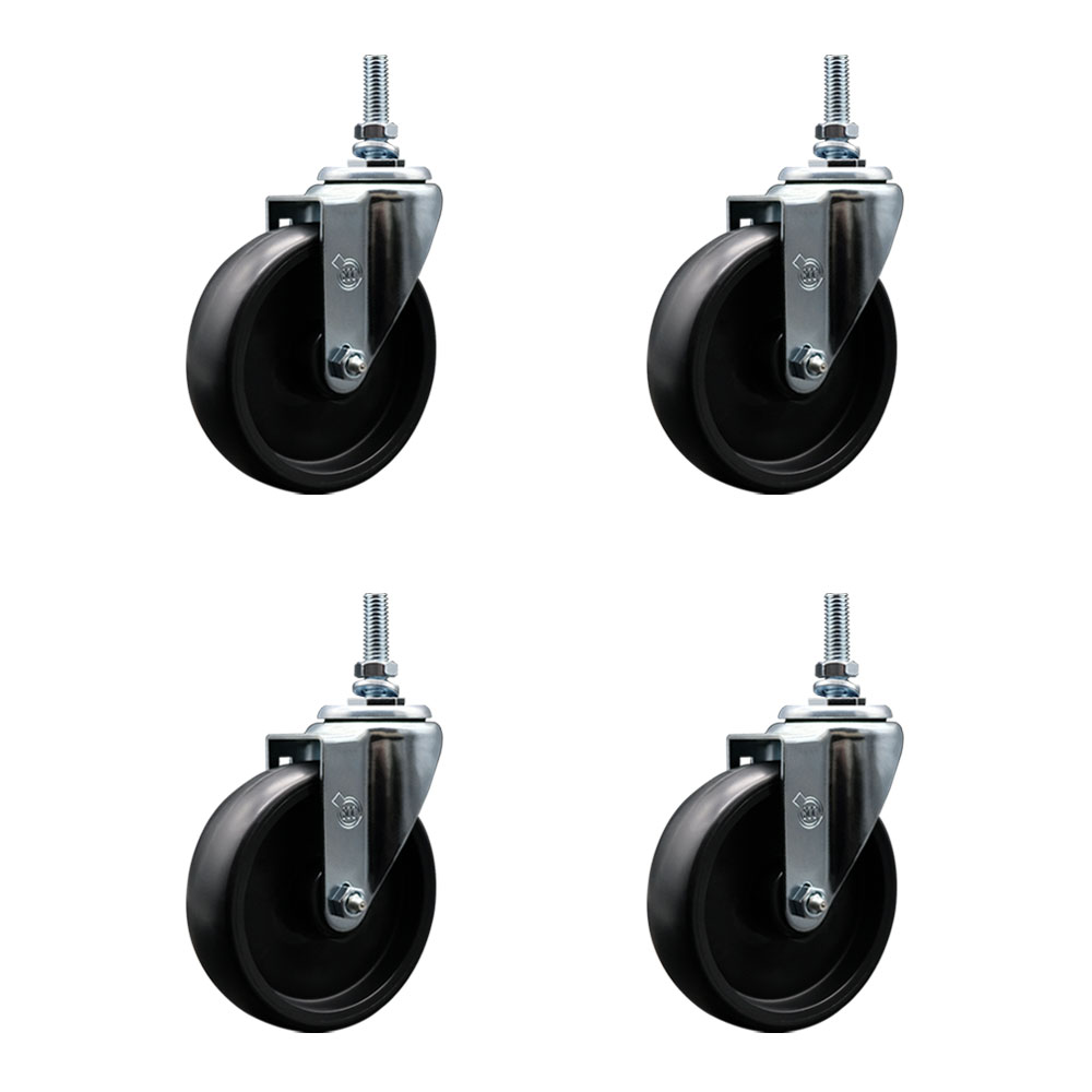 Polyolefin Swivel Threaded Stem Caster Wheels Set of 4 with 5 Inch Black Wheels and 3/8" Stems - Includes 4 Swivel - 1400 lbs. Total Capacity - Service Caster Brand — photo 1