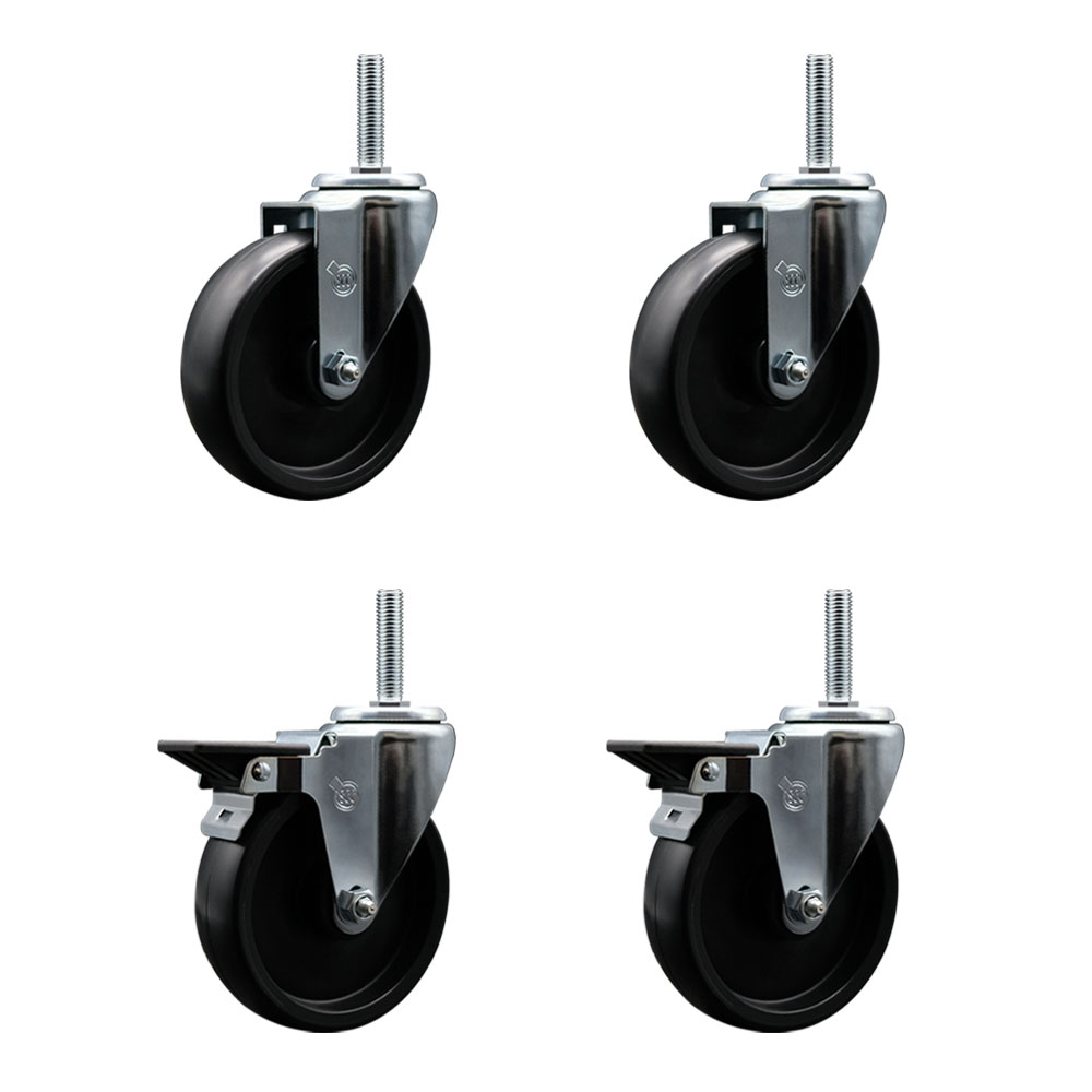 Polyolefin Swivel Threaded Stem Caster Wheels Set of 4 with 5 Inch Black Wheels and 5/8" Stems - Includes 2 with Posi Lock Brakes - 1400 lbs. Total Capacity - Service Caster Brand — photo 1