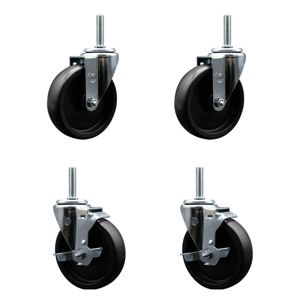 Polyolefin Swivel Threaded Stem Caster Wheels Set of 4 with 5 Inch Black Wheels and 5/8" Stems - Includes 2 with Top Lock Brakes - 1400 lbs. Total Capacity - Service Caster Brand — photo 1