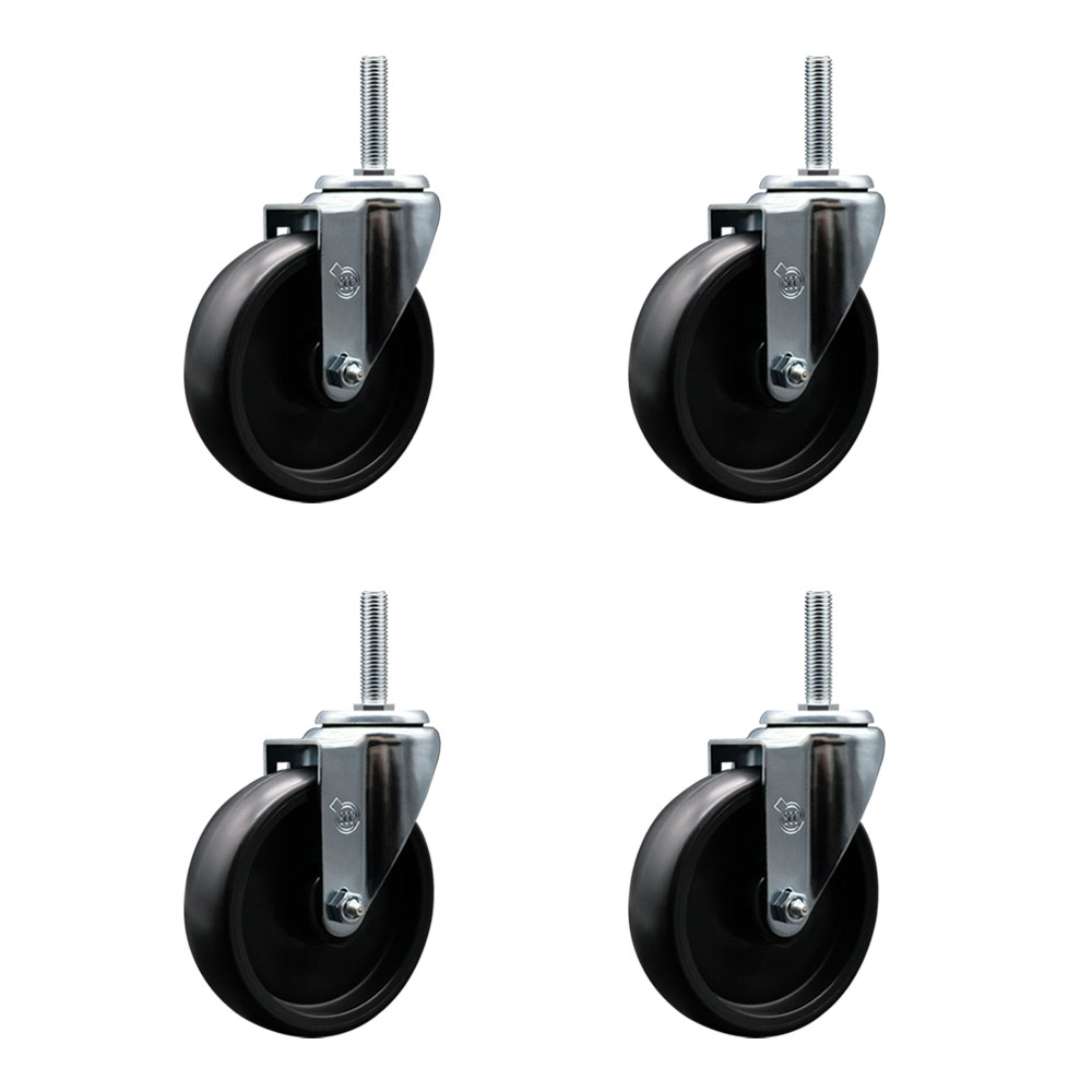 Polyolefin Swivel Threaded Stem Caster Wheels Set of 4 with 5 Inch Black Wheels and 5/8" Stems - Includes 4 Swivel - 1400 lbs. Total Capacity - Service Caster Brand — photo 1
