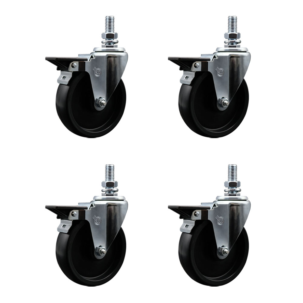 Polyolefin Swivel Threaded Stem Caster Wheels Set of 4 with 5 Inch Black Wheels and 1/2" Stems - Includes 4 with Posi Lock Brakes - 1400 lbs. Total Capacity - Service Caster Brand — photo 1