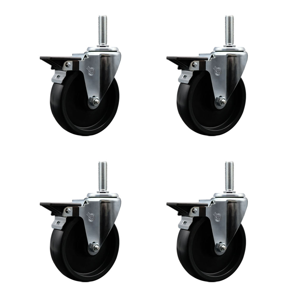 Polyolefin Swivel Threaded Stem Caster Wheels Set of 4 with 5 Inch Black Wheels and 3/4" Stems - Includes 4 with Posi Lock Brakes - 1400 lbs. Total Capacity - Service Caster Brand — photo 1