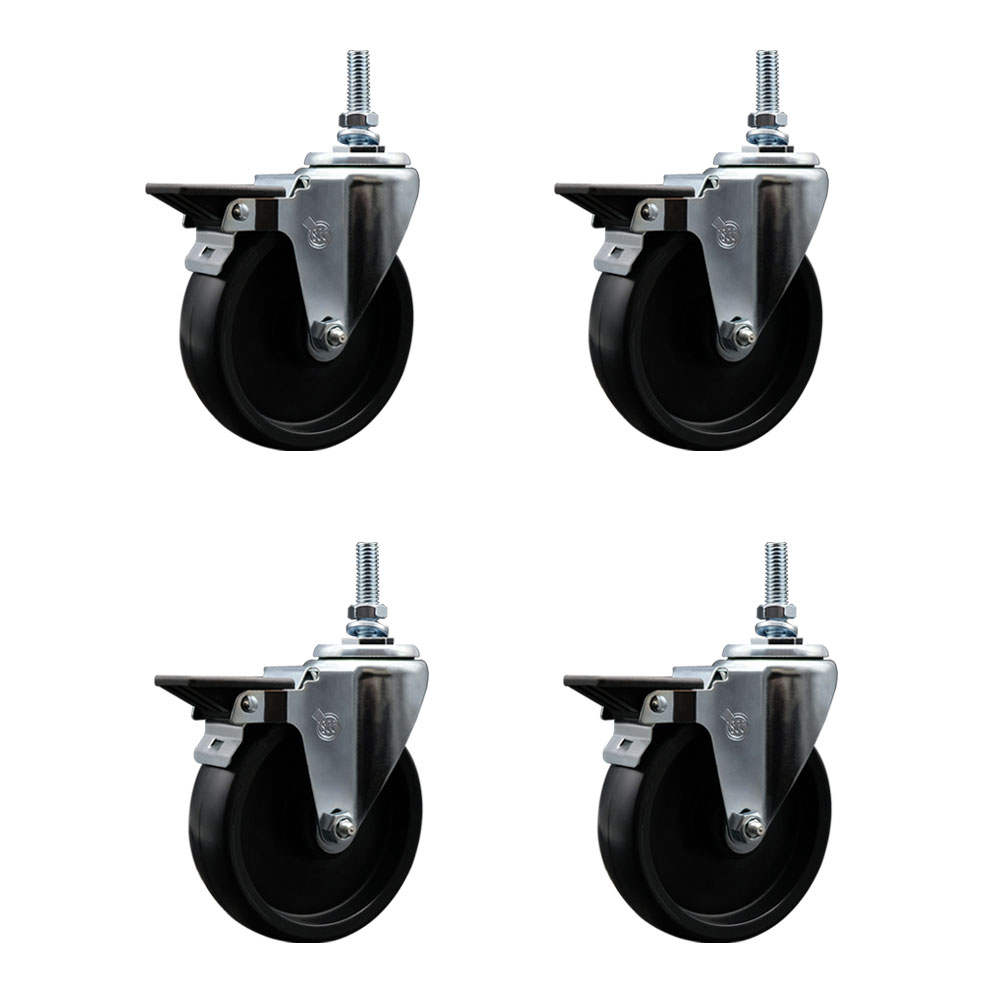 Polyolefin Swivel Threaded Stem Caster Wheels Set of 4 with 5 Inch Black Wheels and 3/8" Stems - Includes 4 with Posi Lock Brakes - 1400 lbs. Total Capacity - Service Caster Brand — photo 1