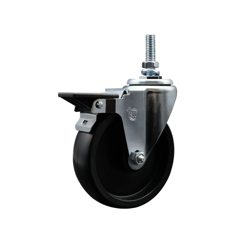 Polyolefin Swivel Threaded Stem Caster Wheel with 5 Inch Black Wheel and 10mm Stem and Posi Lock Brake - 350 lbs. Capacity/Caster - Service Caster Brand — photo 1