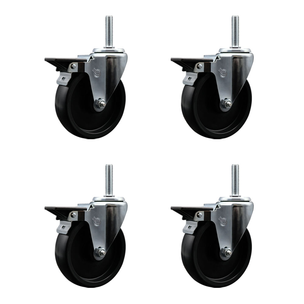 Polyolefin Swivel Threaded Stem Caster Wheels Set of 4 with 5 Inch Black Wheels and 5/8" Stems - Includes 4 with Posi Lock Brakes - 1400 lbs. Total Capacity - Service Caster Brand — photo 1