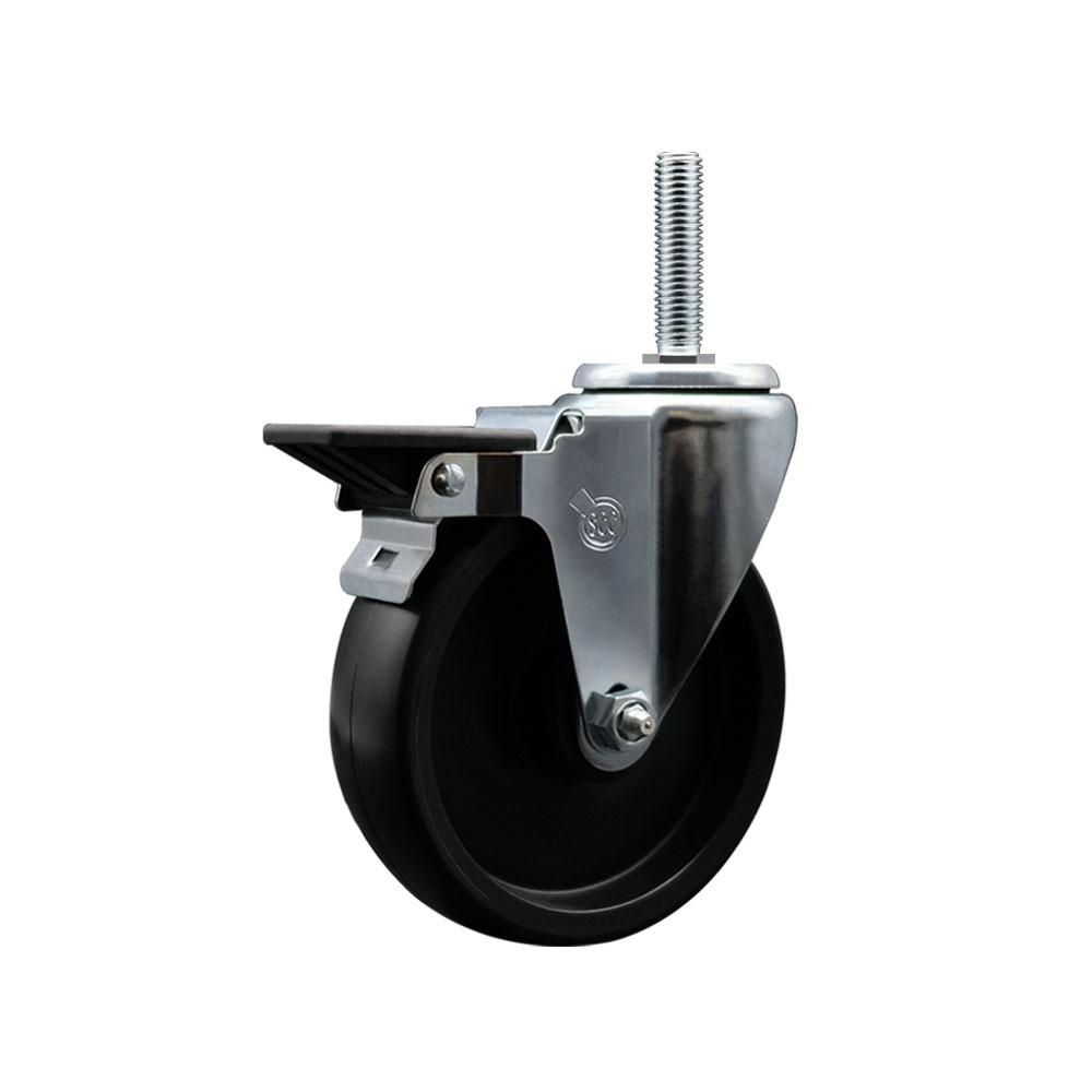Polyolefin Swivel Threaded Stem Caster Wheel with 5 Inch Black Wheel and 5/8" Stem and Posi Lock Brake - 350 lbs. Capacity/Caster - Service Caster Brand — photo 1