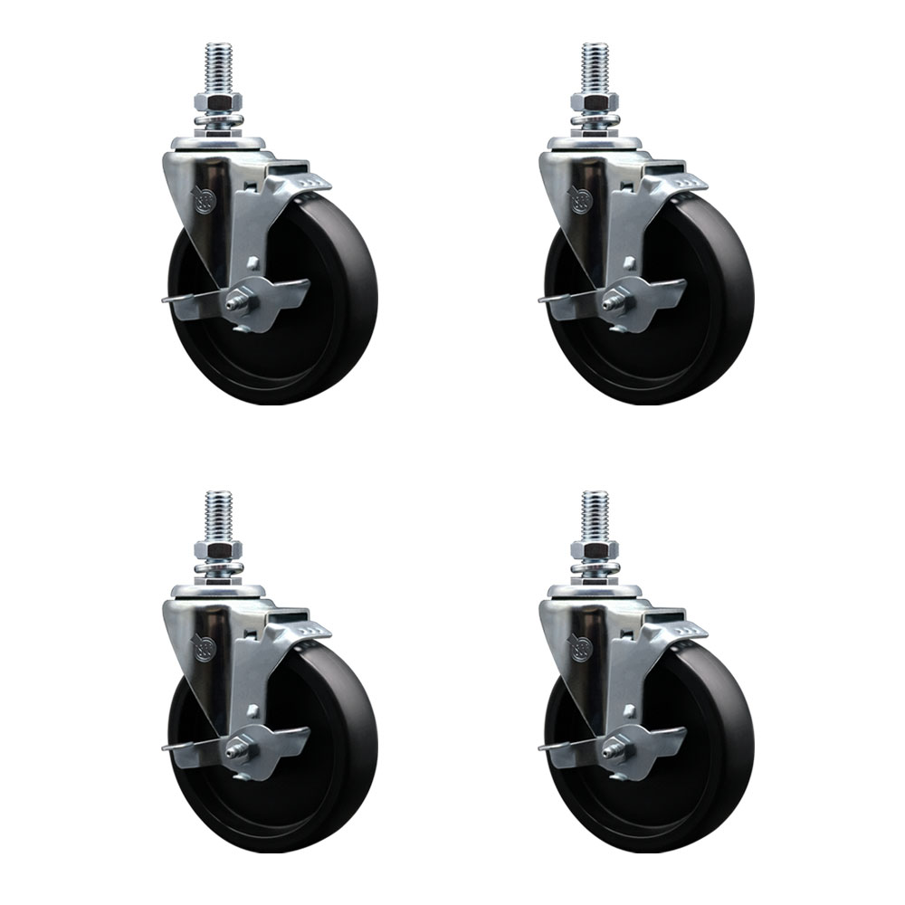 Polyolefin Swivel Threaded Stem Caster Wheels Set of 4 with 5 Inch Black Wheels and 1/2" Stems - Includes 4 with Top Lock Brakes - 1400 lbs. Total Capacity - Service Caster Brand — photo 1