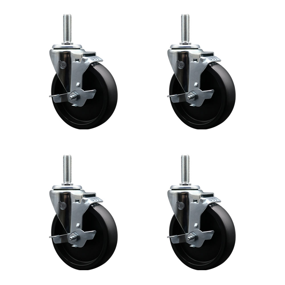 Polyolefin Swivel Threaded Stem Caster Wheels Set of 4 with 5 Inch Black Wheels and 3/4" Stems - Includes 4 with Top Lock Brakes - 1400 lbs. Total Capacity - Service Caster Brand — photo 1