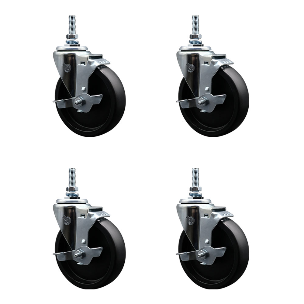 Polyolefin Swivel Threaded Stem Caster Wheels Set of 4 with 5 Inch Black Wheels and 3/8" Stems - Includes 4 with Top Lock Brakes - 1400 lbs. Total Capacity - Service Caster Brand — photo 1