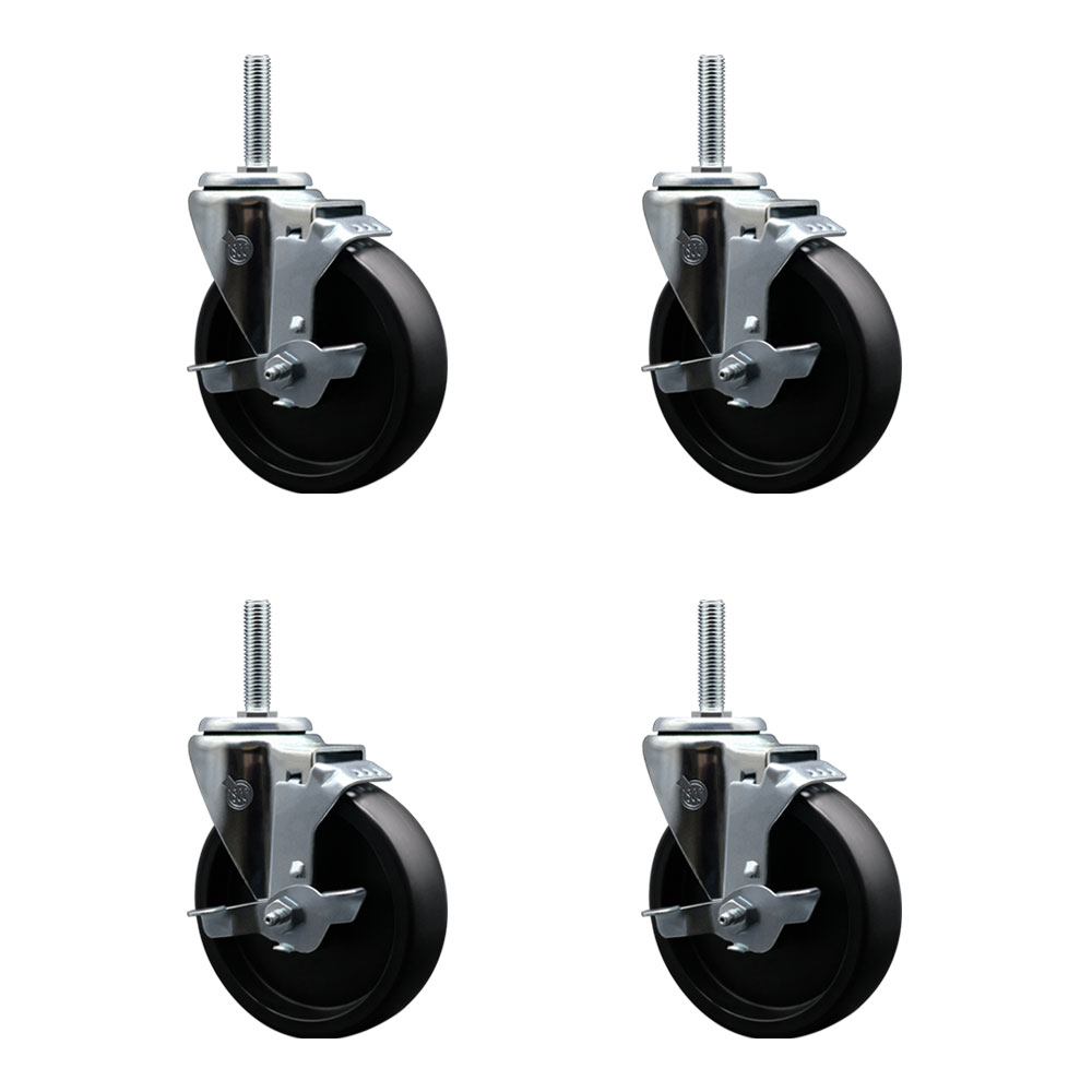 Polyolefin Swivel Threaded Stem Caster Wheels Set of 4 with 5 Inch Black Wheels and 5/8" Stems - Includes 4 with Top Lock Brakes - 1400 lbs. Total Capacity - Service Caster Brand — photo 1
