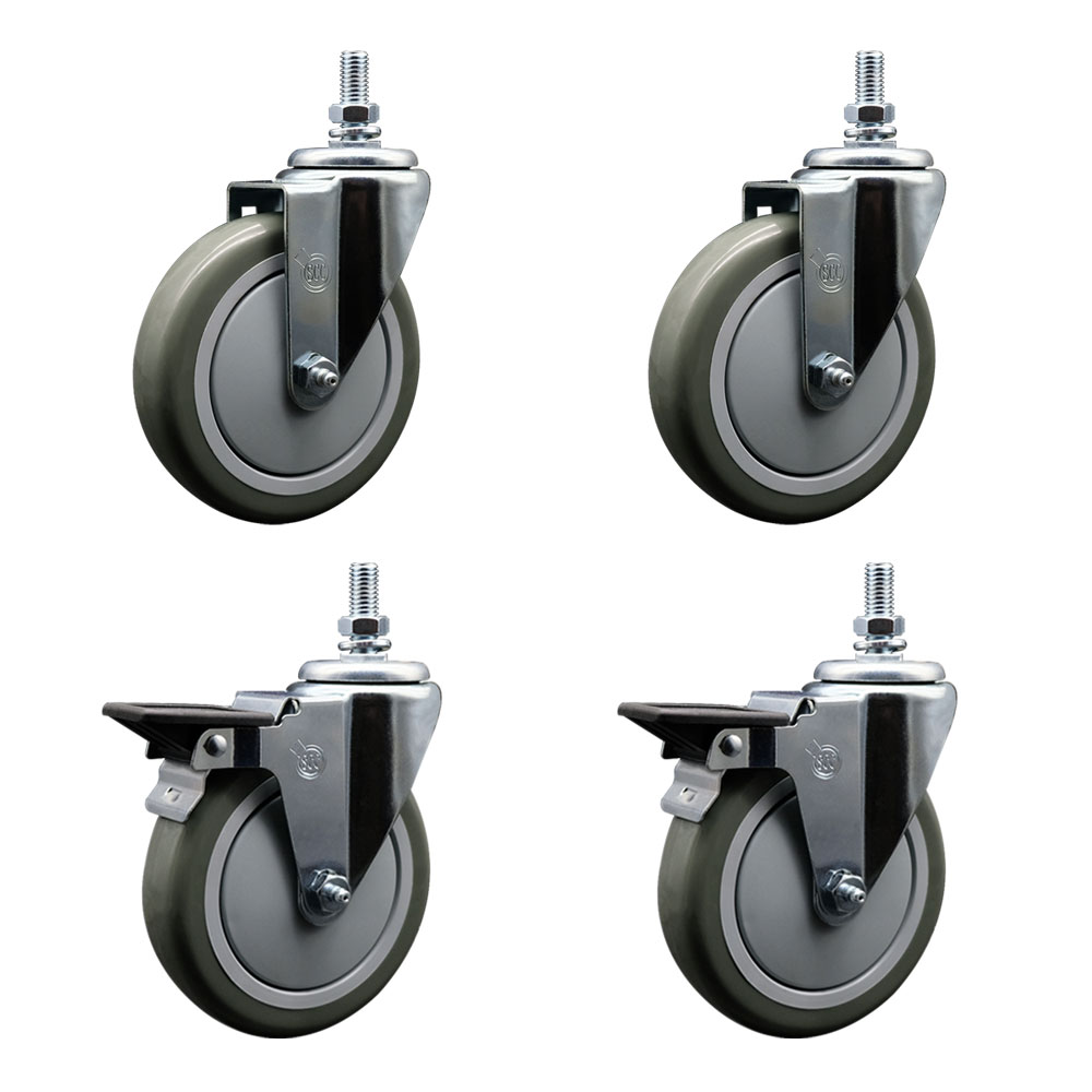Polyurethane Swivel Threaded Stem Caster Set of 4 w/5" x 1.25" Gray Wheels and 1/2" Stems - Includes 2 with Posi Locking Brake - 1400 lbs Total Capacity - Service Caster Brand — photo 1