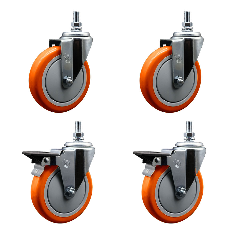Polyurethane Swivel Threaded Stem Caster Set of 4 w/5" x 1.25" Orange Wheels and 1/2" Stems - Includes 2 with Posi Locking Brake - 1400 lbs Total Capacity - Service Caster Brand — photo 1