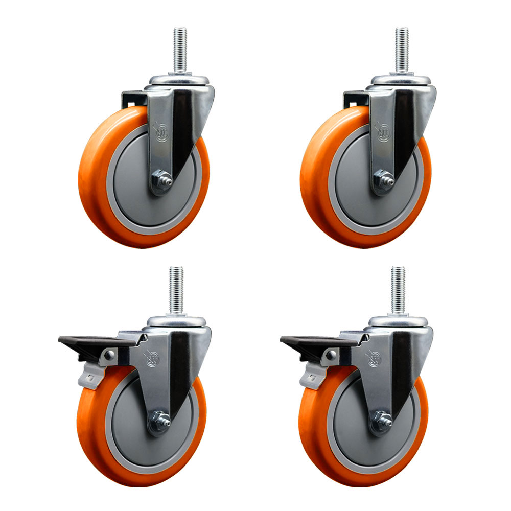 Polyurethane Swivel Threaded Stem Caster Set of 4 w/5" x 1.25" Orange Wheels and 3/4" Stems - Includes 2 with Posi Locking Brake - 1400 lbs Total Capacity - Service Caster Brand — photo 1