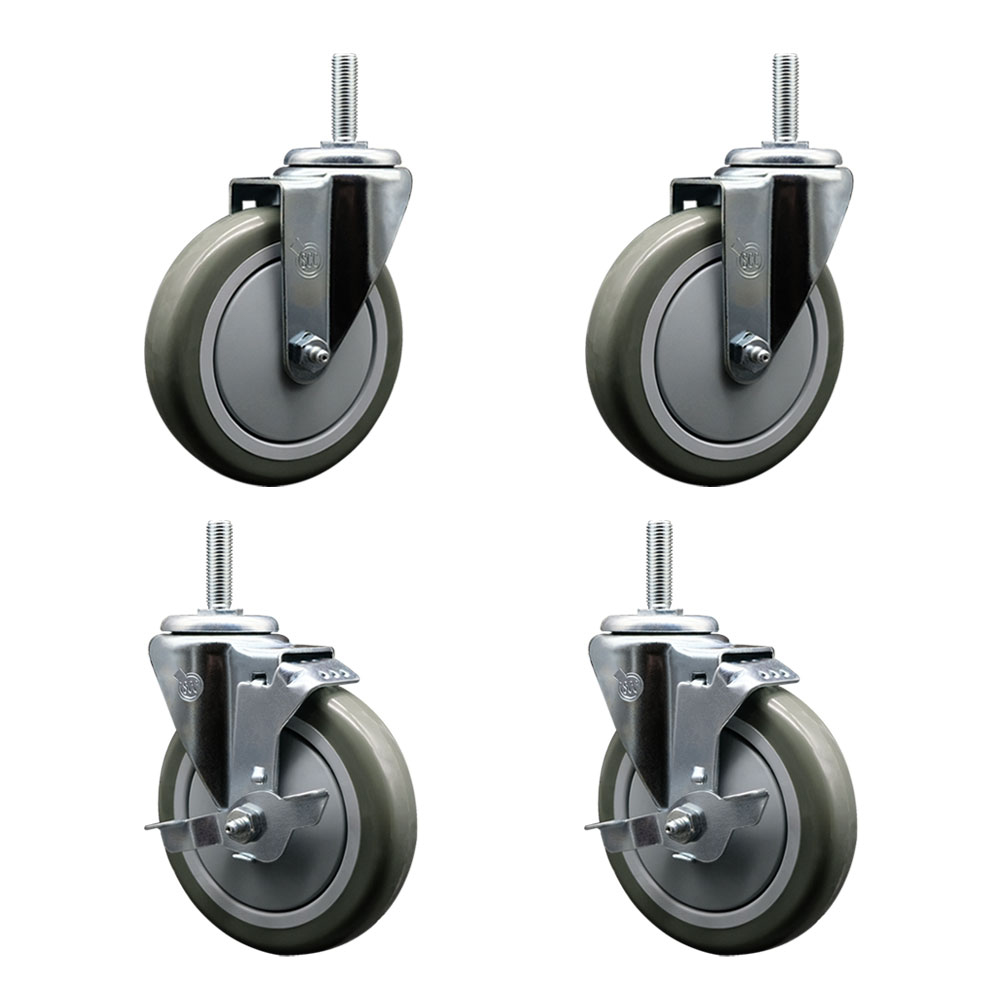 Polyurethane Swivel Threaded Stem Caster Set of 4 w/5" x 1.25" Gray Wheels and 3/4" Stems - Includes 2 with Top Locking Brake - 1400 lbs Total Capacity - Service Caster Brand — photo 1