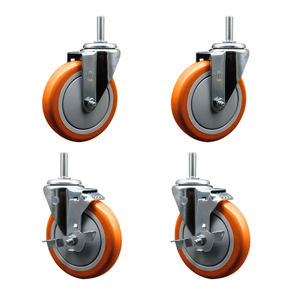 Polyurethane Swivel Threaded Stem Caster Set of 4 w/5" x 1.25" Orange Wheels and 3/4" Stems - Includes 2 with Top Locking Brake - 1400 lbs Total Capacity - Service Caster Brand — photo 1