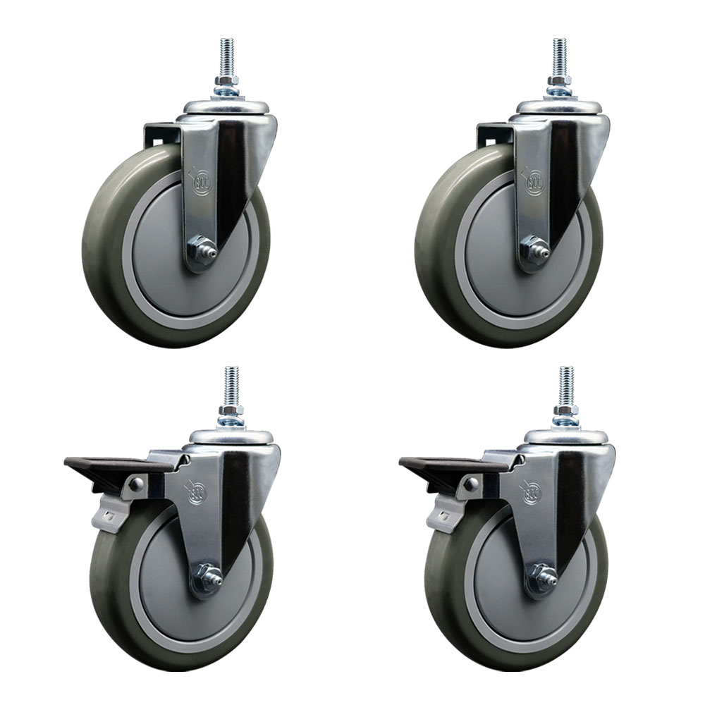Polyurethane Swivel Threaded Stem Caster Set of 4 w/5" x 1.25" Gray Wheels and 3/8" Stems - Includes 2 with Posi Locking Brake - 1400 lbs Total Capacity - Service Caster Brand — photo 1