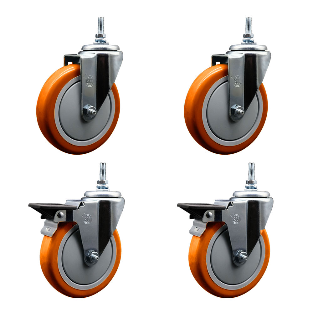 Polyurethane Swivel Threaded Stem Caster Set of 4 w/5" x 1.25" Orange Wheels and 3/8" Stems - Includes 2 with Posi Locking Brake - 1400 lbs Total Capacity - Service Caster Brand — photo 1