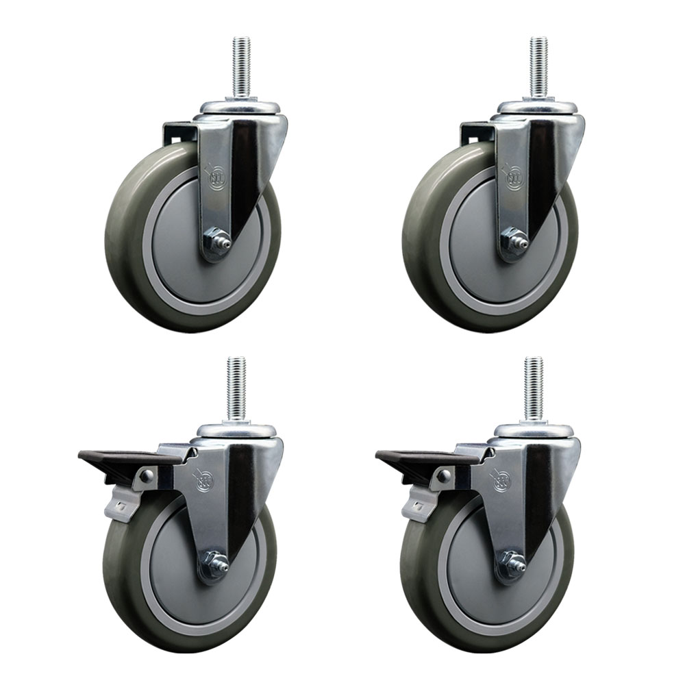 Polyurethane Swivel Threaded Stem Caster Set of 4 w/5" x 1.25" Gray Wheels and 5/8" Stems - Includes 2 with Posi Locking Brake - 1400 lbs Total Capacity - Service Caster Brand — photo 1