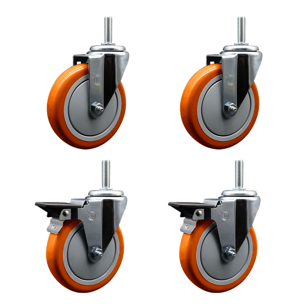 Polyurethane Swivel Threaded Stem Caster Set of 4 w/5" x 1.25" Orange Wheels and 5/8" Stems - Includes 2 with Posi Locking Brake - 1400 lbs Total Capacity - Service Caster Brand — photo 1