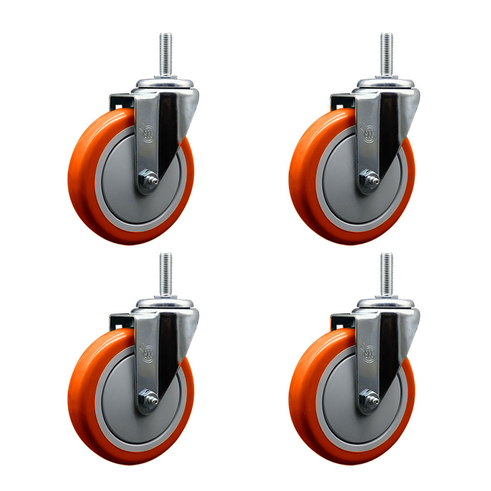 Polyurethane Swivel Threaded Stem Caster Set of 4 w/5" x 1.25" Orange Wheels and 5/8" Stems - Includes 4 Swivel - 1400 lbs Total Capacity - Service Caster Brand — photo 1
