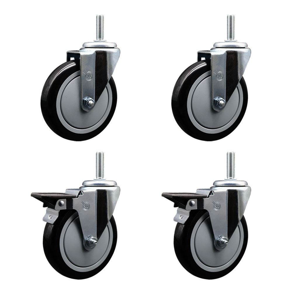 Polyurethane Swivel Threaded Stem Caster Set of 4 w/5" x 1.25" Black Wheels and 3/4" Stems - Includes 2 with Posi Locking Brake - 1400 lbs Total Capacity - Service Caster Brand — photo 1