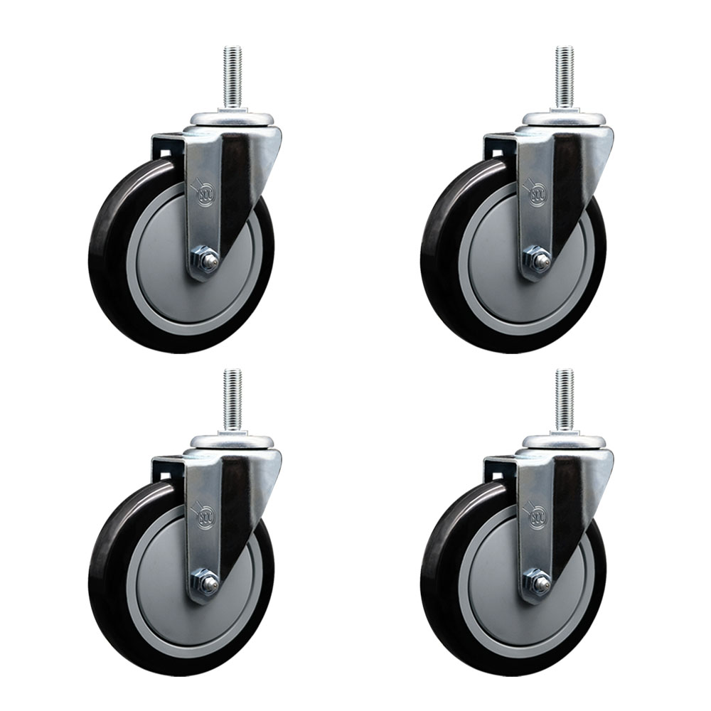 Polyurethane Swivel Threaded Stem Caster Set of 4 w/5" x 1.25" Black Wheels and 3/4" Stems - Includes 4 Swivel - 1400 lbs Total Capacity - Service Caster Brand — photo 1