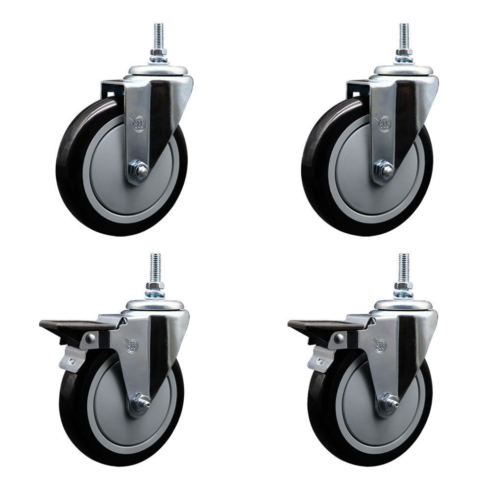 Polyurethane Swivel Threaded Stem Caster Set of 4 w/5" x 1.25" Black Wheels and 3/8" Stems - Includes 2 with Posi Locking Brake - 1400 lbs Total Capacity - Service Caster Brand — photo 1