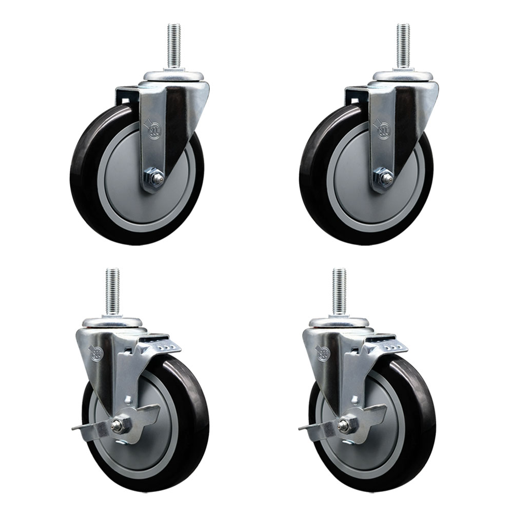 Polyurethane Swivel Threaded Stem Caster Set of 4 w/5" x 1.25" Black Wheels and 5/8" Stems - Includes 2 with Top Locking Brake - 1400 lbs Total Capacity - Service Caster Brand — photo 1
