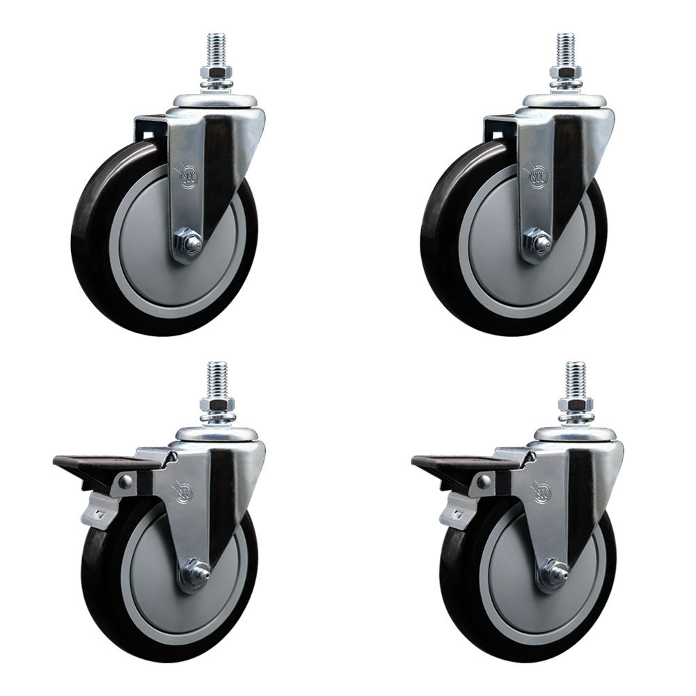 Polyurethane Swivel Threaded Stem Caster Set of 4 w/5" x 1.25" Black Wheels and 10MM Stems - Includes 2 with Posi Locking Brake - 1400 lbs Total Capacity - Service Caster Brand — photo 1