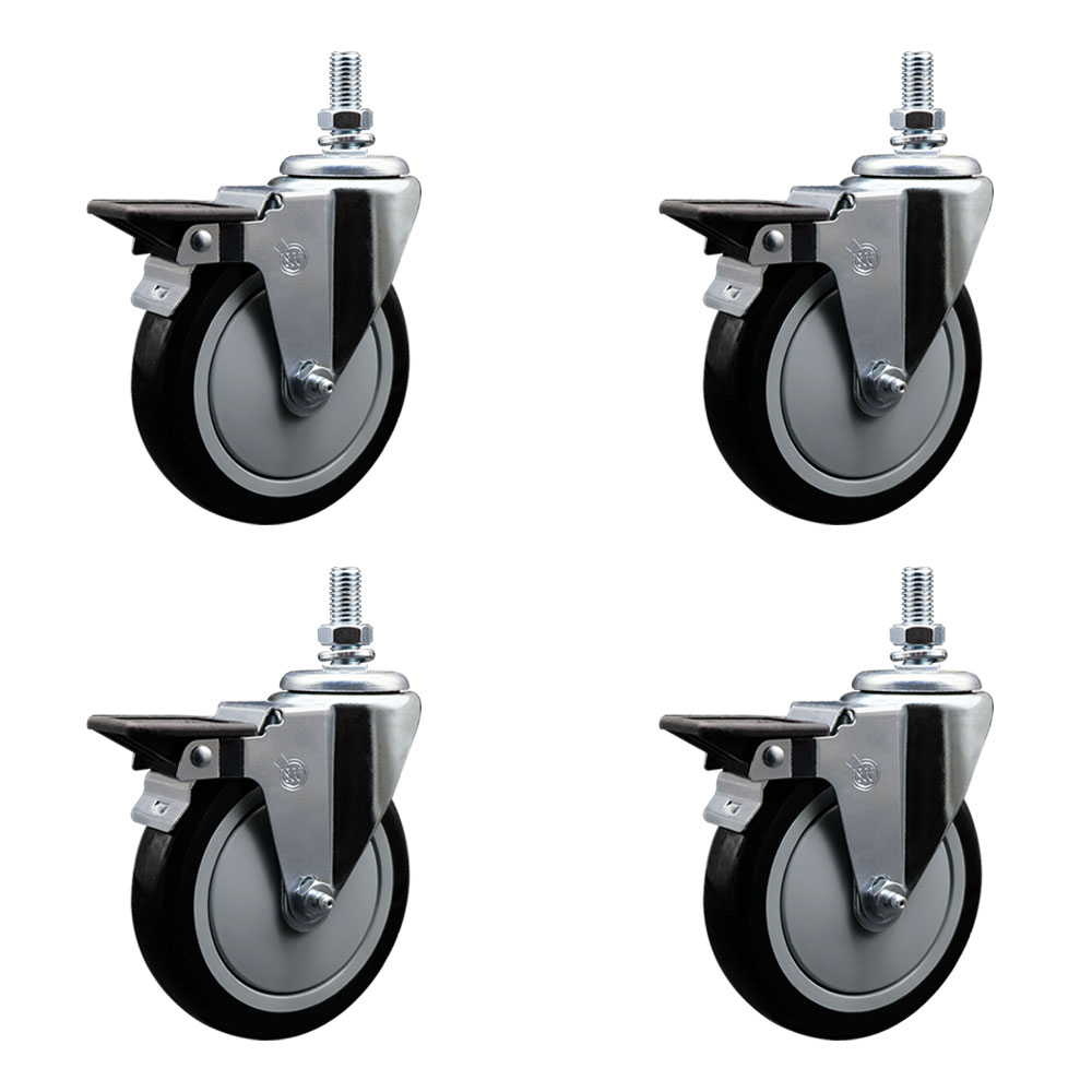 Polyurethane Swivel Threaded Stem Caster Set of 4 w/5" x 1.25" Black Wheels and 1/2" Stems - Includes 4 with Posi Lock Brakes - 1400 lbs Total Capacity - Service Caster Brand — photo 1