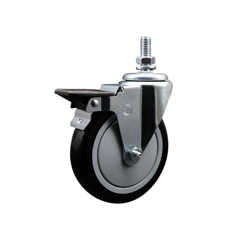 Polyurethane Swivel Threaded Stem Caster w/5" x 1.25" Black Wheel and 1/2" Stem & Posi Locking Brake - 350 lbs Capacity/Caster - Service Caster Brand — photo 1
