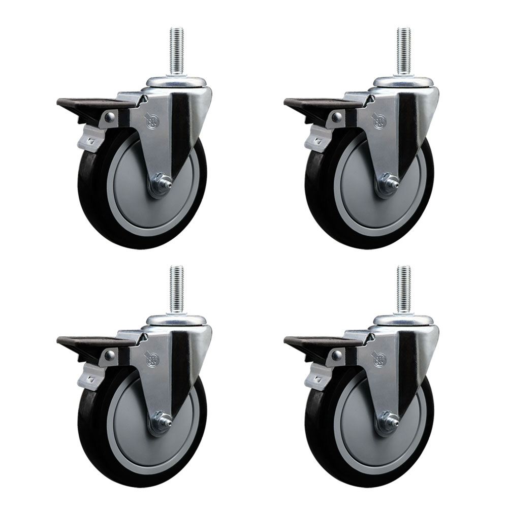 Polyurethane Swivel Threaded Stem Caster Set of 4 w/5" x 1.25" Black Wheels and 3/4" Stems - Includes 4 with Posi Lock Brakes - 1400 lbs Total Capacity - Service Caster Brand — photo 1