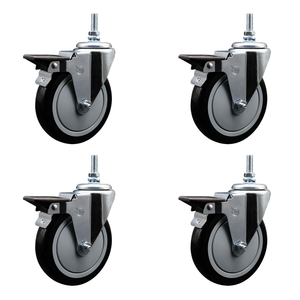Polyurethane Swivel Threaded Stem Caster Set of 4 w/5" x 1.25" Black Wheels and 12MM Stems - Includes 4 with Posi Lock Brakes - 1,400 lbs Total Capacity - Service Caster Brand — photo 1
