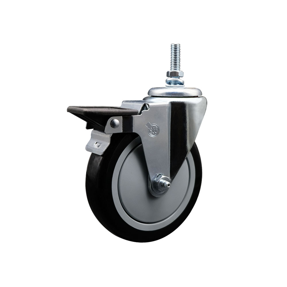 Polyurethane Swivel Threaded Stem Caster w/5" x 1.25" Black Wheel and 12MM Stem & Posi Locking Brake - 350 lbs Capacity/Caster - Service Caster Brand — photo 1