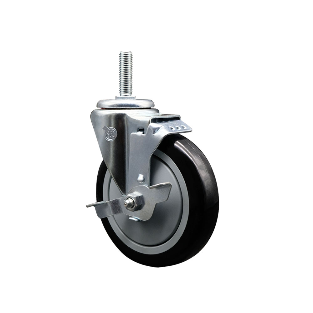 Polyurethane Swivel Threaded Stem Caster w/5" x 1.25" Black Wheel and 3/4" Stem & Top Locking Brake - 350 lbs Capacity/Caster - Service Caster Brand — photo 1