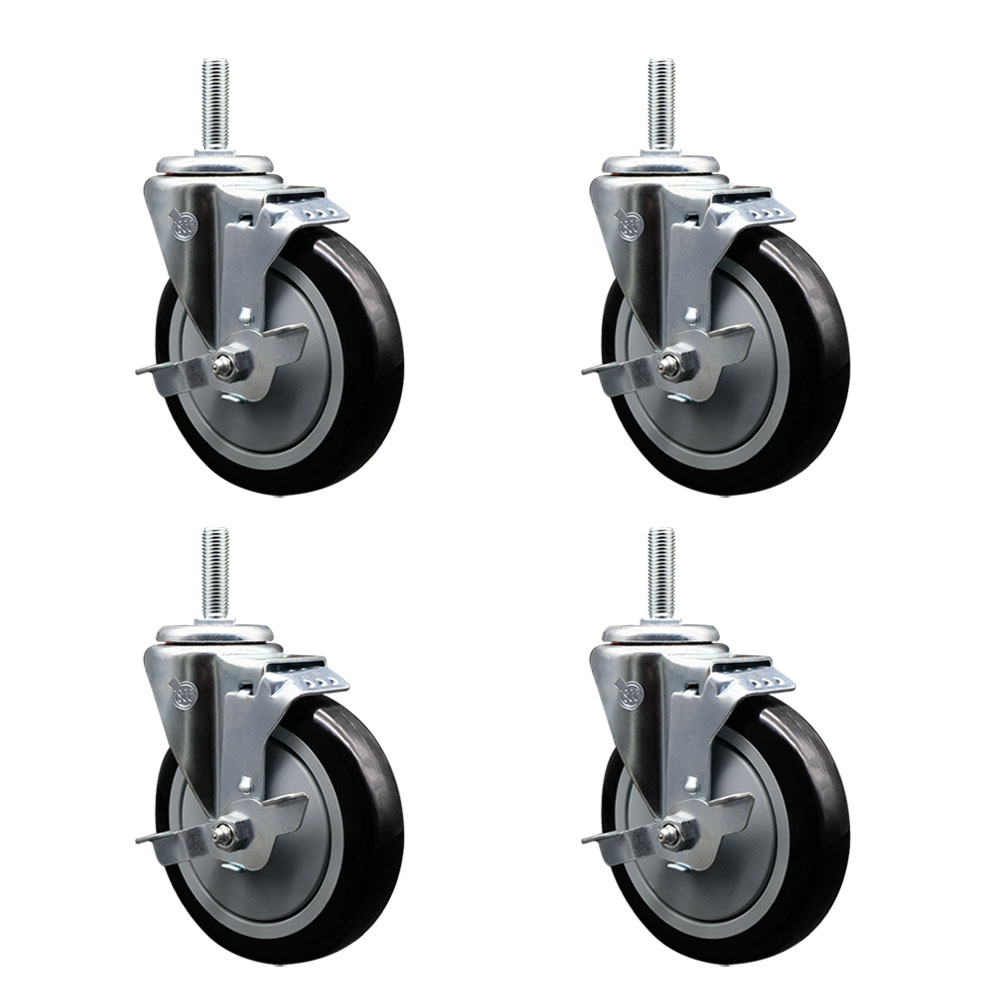 Polyurethane Swivel Threaded Stem Caster Set of 4 w/5" x 1.25" Black Wheels and 5/8" Stems - Includes 4 with Top Lock Brakes - 1400 lbs Total Capacity - Service Caster Brand — photo 1