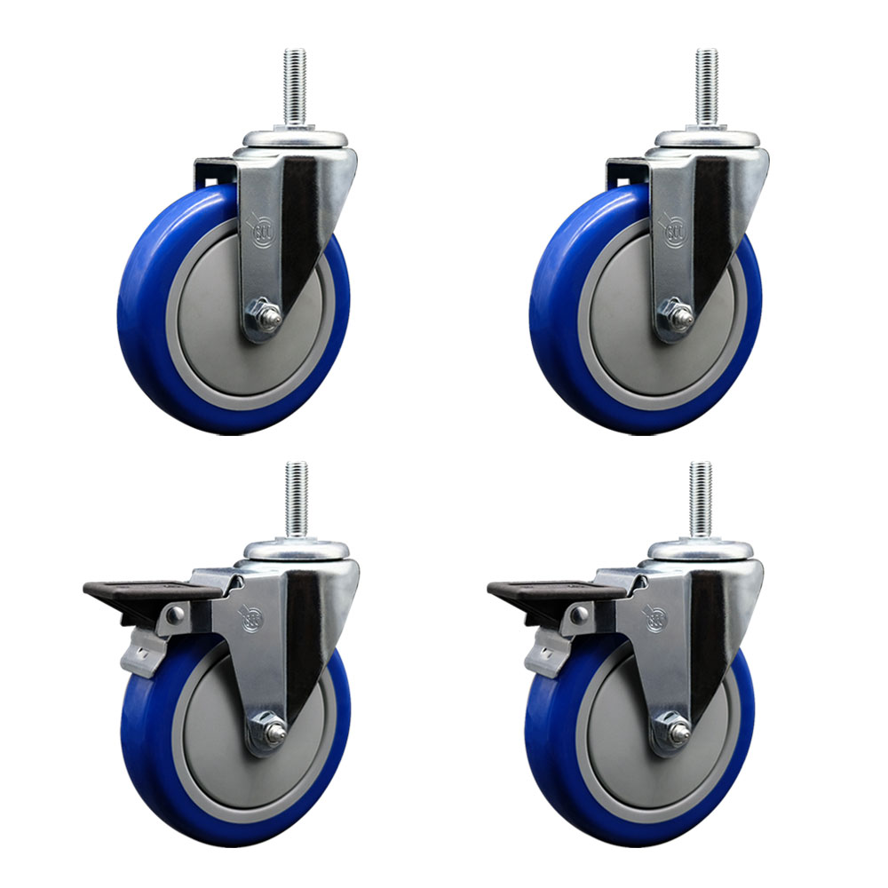 Polyurethane Swivel Threaded Stem Caster Set of 4 w/5" x 1.25" Blue Wheels and 5/8" Stems - Includes 2 with Posi Locking Brake - 1400 lbs Total Capacity - Service Caster Brand — photo 1
