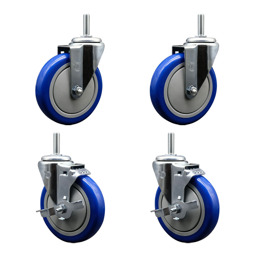 Polyurethane Swivel Threaded Stem Caster Set of 4 w/5" x 1.25" Blue Wheels and 5/8" Stems - Includes 2 with Top Locking Brake - 1400 lbs Total Capacity - Service Caster Brand — photo 1
