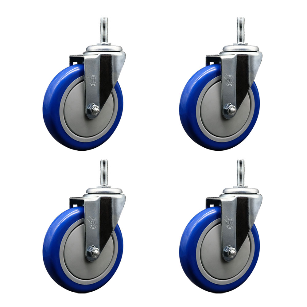 Polyurethane Swivel Threaded Stem Caster Set of 4 w/5" x 1.25" Blue Wheels and 5/8" Stems - Includes 4 Swivel - 1400 lbs Total Capacity - Service Caster Brand — photo 1