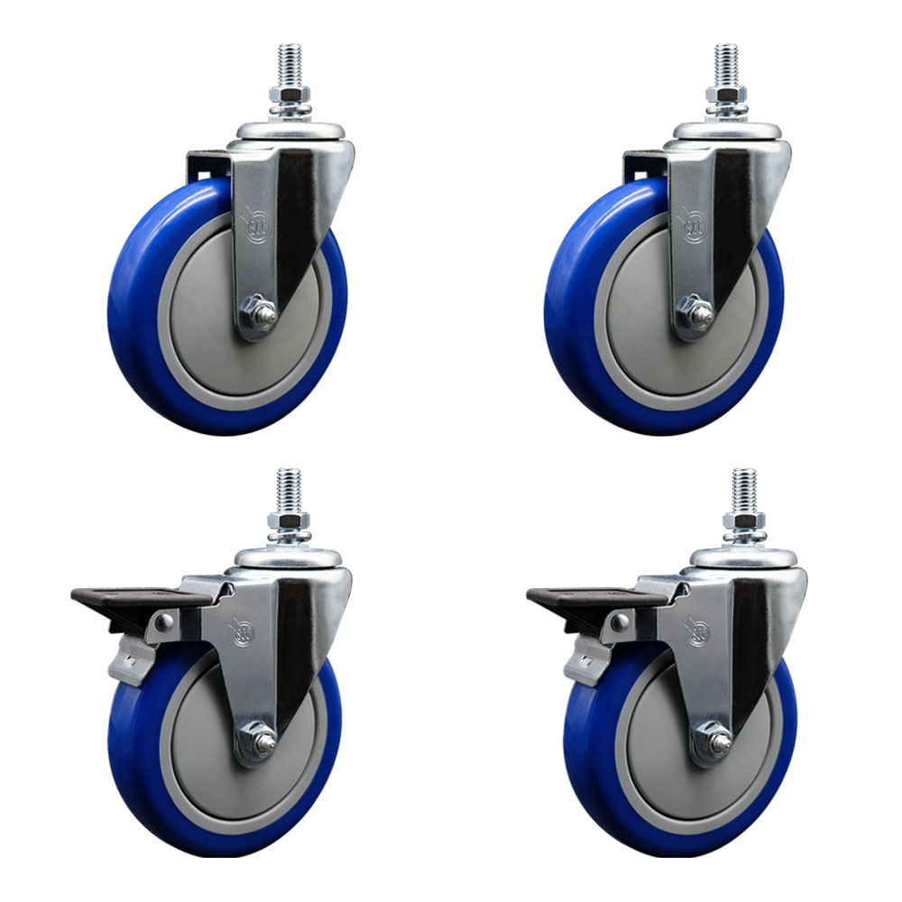 Polyurethane Swivel Threaded Stem Caster Set of 4 w/5" x 1.25" Blue Wheels and 10MM Stems - Includes 2 with Posi Locking Brake - 1400 lbs Total Capacity - Service Caster Brand — photo 1