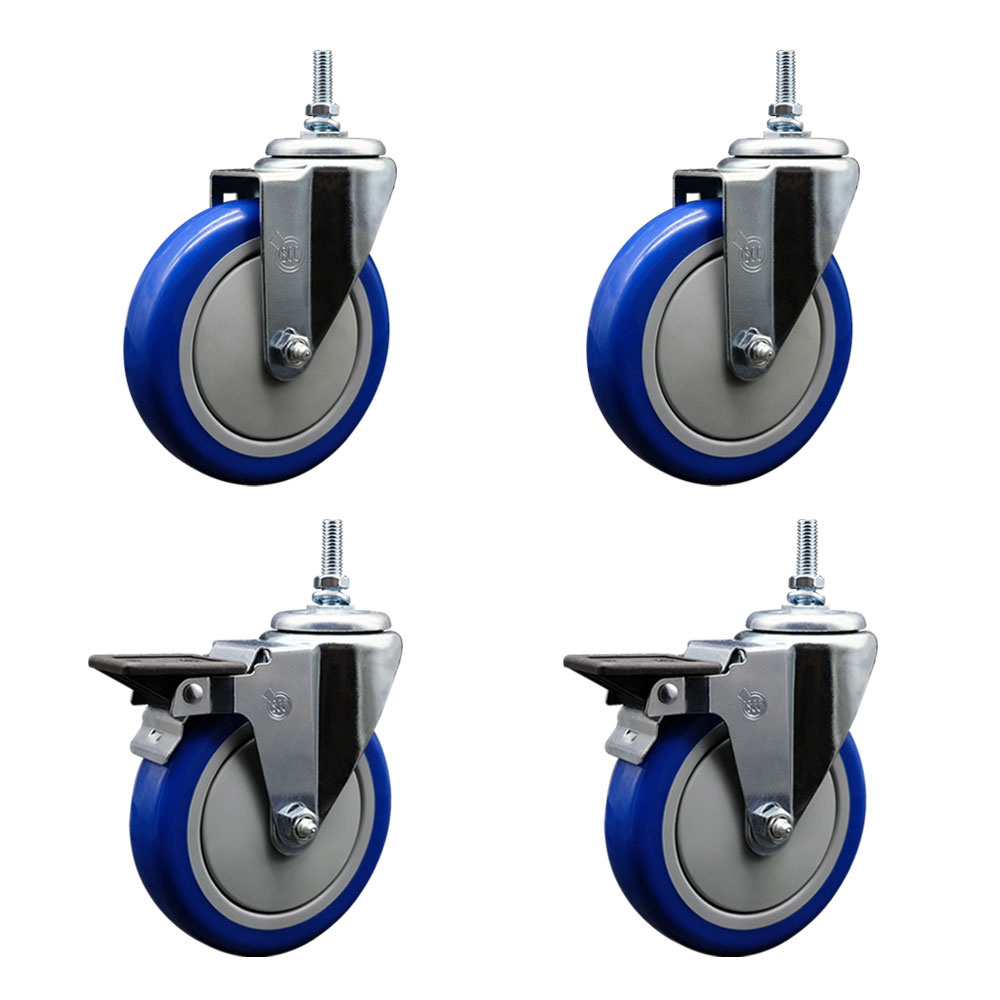 Polyurethane Swivel Threaded Stem Caster Set of 4 w/5" x 1.25" Blue Wheels and 12MM Stems - Includes 2 with Posi Locking Brake - 1,400 lbs Total Capacity - Service Caster Brand — photo 1