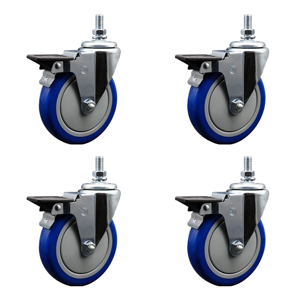 Polyurethane Swivel Threaded Stem Caster Set of 4 w/5" x 1.25" Blue Wheels and 1/2" Stems - Includes 4 with Posi Lock Brakes - 1400 lbs Total Capacity - Service Caster Brand — photo 1