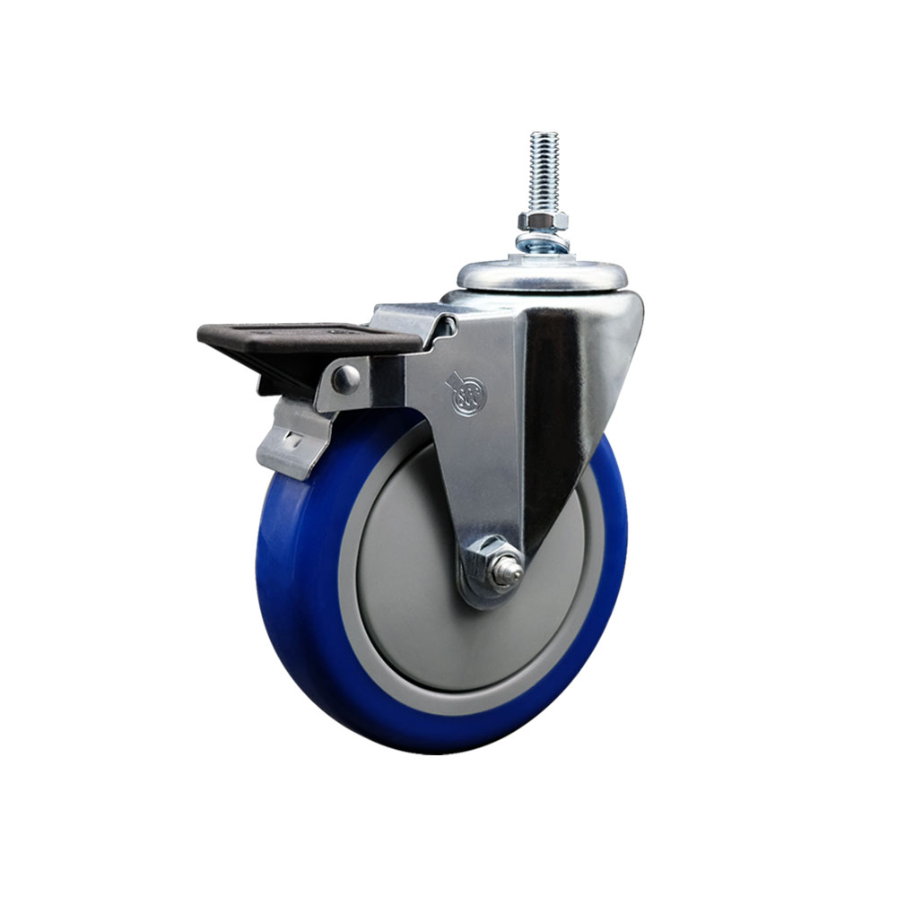 Polyurethane Swivel Threaded Stem Caster w/5" x 1.25" Blue Wheel and 3/8" Stem & Posi Locking Brake - 350 lbs Capacity/Caster - Service Caster Brand — photo 1