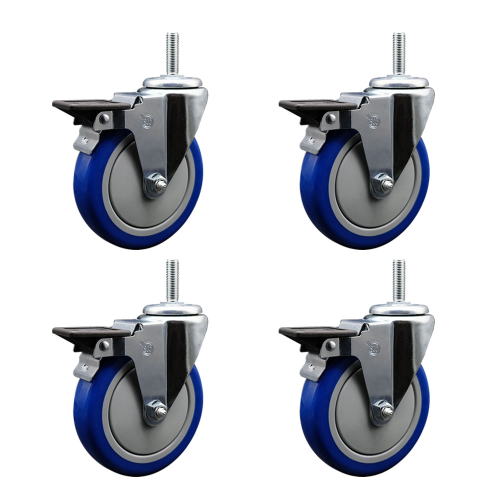 Polyurethane Swivel Threaded Stem Caster Set of 4 w/5" x 1.25" Blue Wheels and 5/8" Stems - Includes 4 with Posi Lock Brakes - 1400 lbs Total Capacity - Service Caster Brand — photo 1