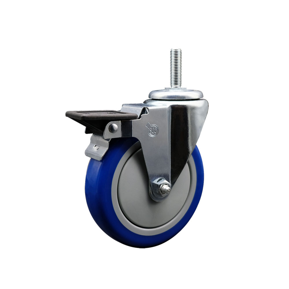 Polyurethane Swivel Threaded Stem Caster w/5" x 1.25" Blue Wheel and 5/8" Stem & Posi Locking Brake - 350 lbs Capacity/Caster - Service Caster Brand — photo 1